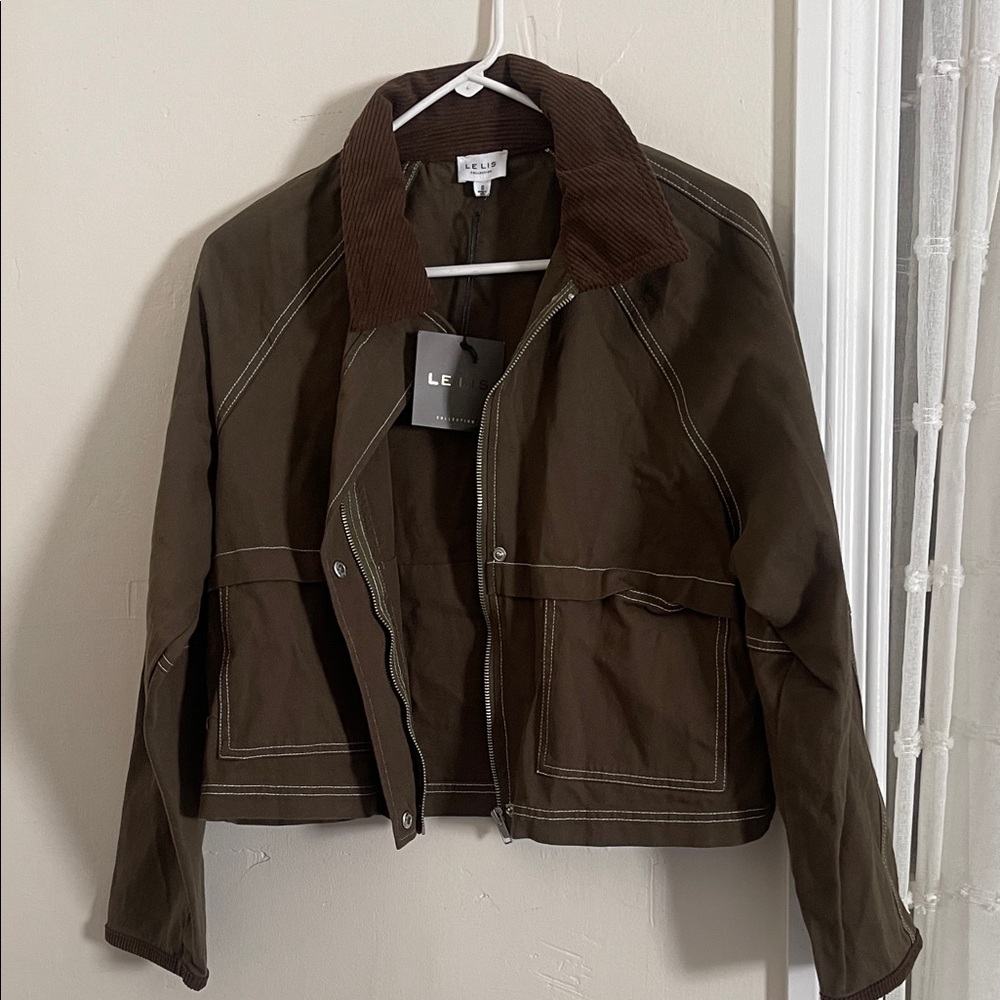 Le Lis Olive Utility Jacket with Brown Collar